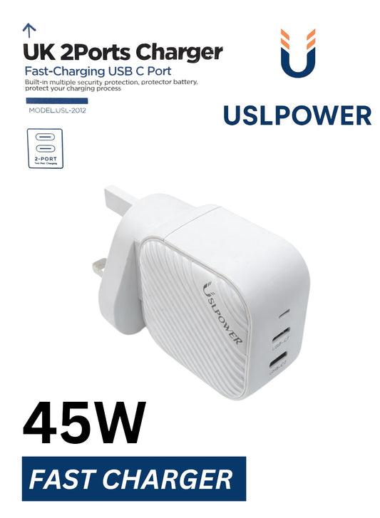 USLPOWER 45W GaN Fast Charger UK Plug, Dual USB-C PD Wall Charger for Smartphone & Tablet – Fast Charging Adapter