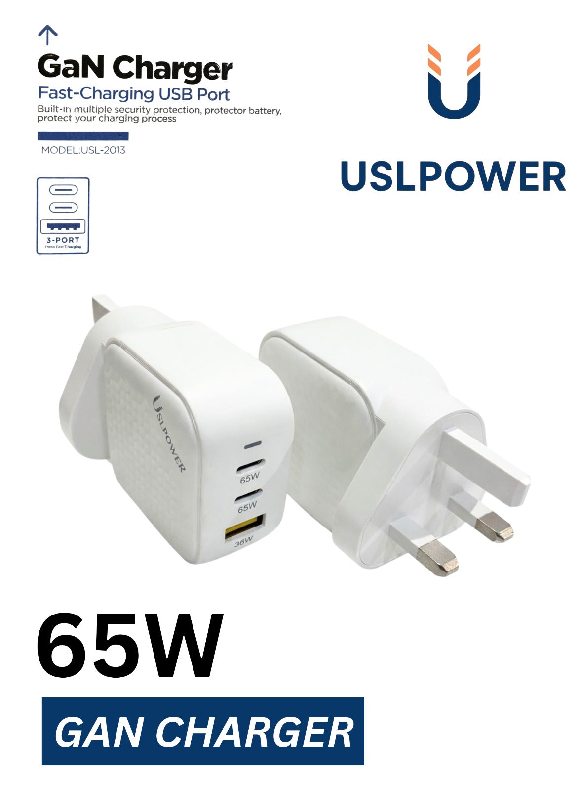 USLPOWER 65W GaN Fast Wall Charger, 3-Port USB-C & USB-A PD Power Adapter for Laptop, Smartphone & Tablet
