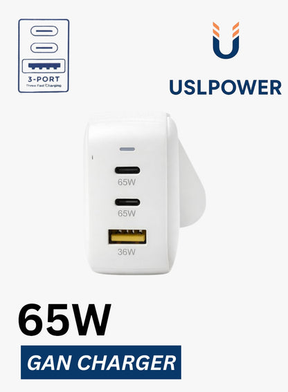 USLPOWER 65W GaN Fast Wall Charger, 3-Port USB-C & USB-A PD Power Adapter for Laptop, Smartphone & Tablet