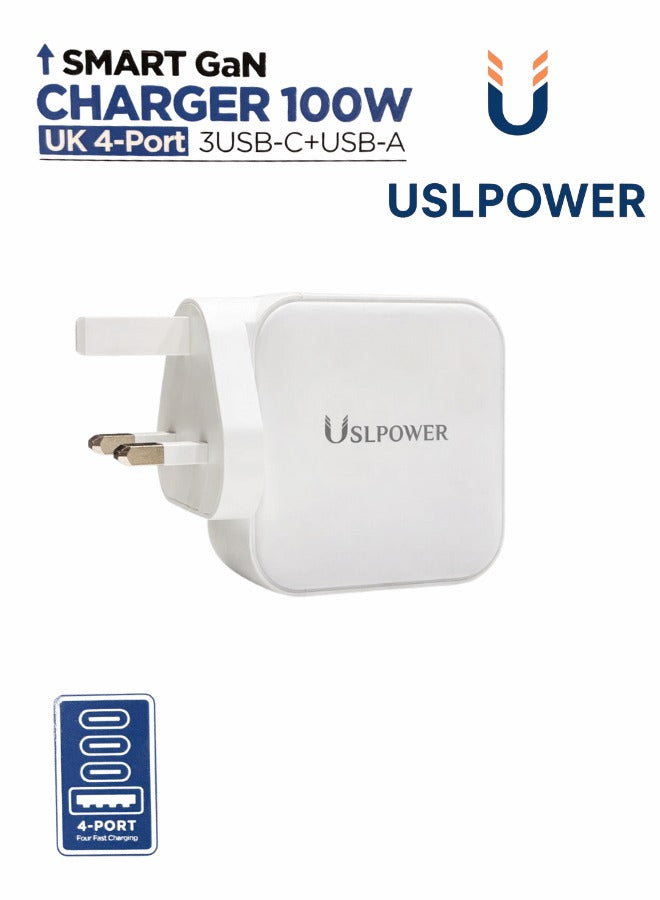 USLPOWER 100W Smart GaN Charger – 4 Port Fast Charging (3 USB-C + USB-A) PD PPS UK Plug
