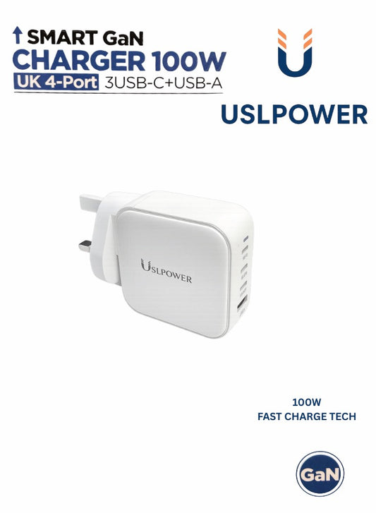 USLPOWER 100W Smart GaN Charger – 4 Port Fast Charging (3 USB-C + USB-A) PD PPS UK Plug