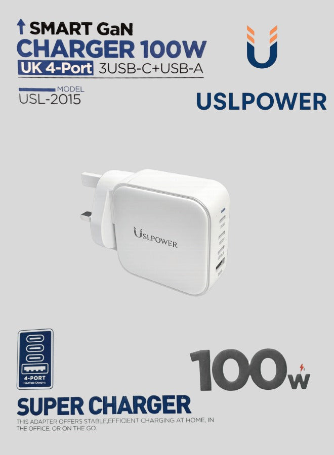 USLPOWER 100W Smart GaN Charger – 4 Port Fast Charging (3 USB-C + USB-A) PD PPS UK Plug