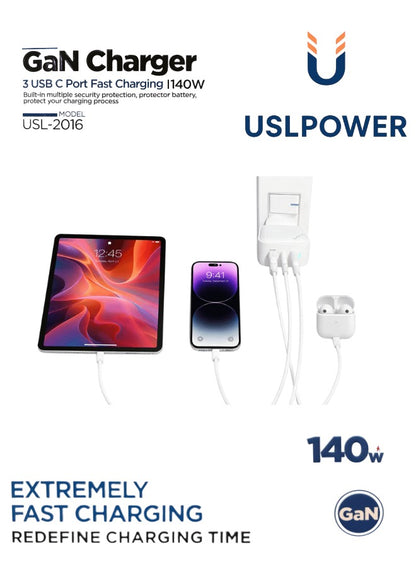 USLPOWER 140W GaN Fast Charger – 3 USB-C Ports PD PPS Wall Charger for Laptop, MacBook, iPhone & Android