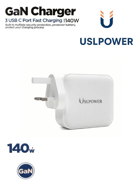 USLPOWER 140W GaN Fast Charger – 3 USB-C Ports PD PPS Wall Charger for Laptop, MacBook, iPhone & Android