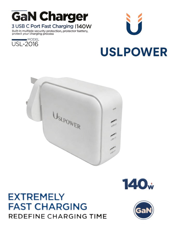 USLPOWER 140W GaN Fast Charger – 3 USB-C Ports PD PPS Wall Charger for Laptop, MacBook, iPhone & Android