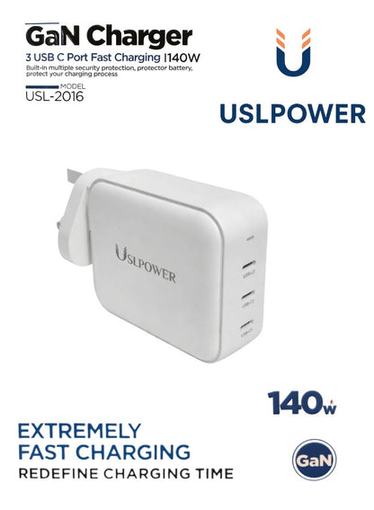 USLPOWER 140W GaN Fast Charger – 3 USB-C Ports PD PPS Wall Charger for Laptop, MacBook, iPhone & Android