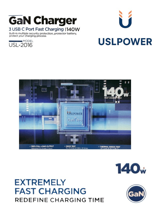 USLPOWER 140W GaN Fast Charger – 3 USB-C Ports PD PPS Wall Charger for Laptop, MacBook, iPhone & Android
