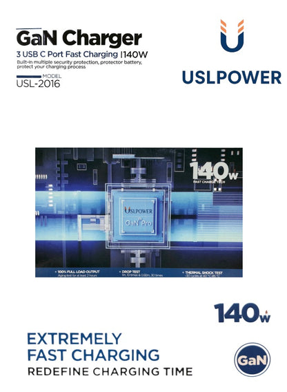 USLPOWER 140W GaN Fast Charger – 3 USB-C Ports PD PPS Wall Charger for Laptop, MacBook, iPhone & Android